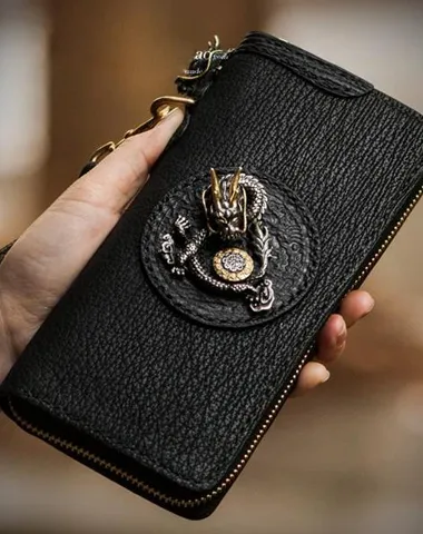 Handmade Leather Black Sharkskin Chain Wallet Mens Biker Wallet Cool Leather Wallet Long Phone Wallets for Men Cyber Monday wallet sale