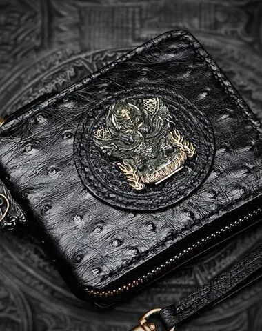 Handmade Leather Black Small Biker Wallet on sale Mens Cool billfold Chain Wallet on sale Trucker Wallet on sale with Chain