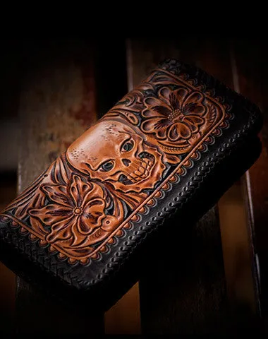 Handmade leather brown black floral skull carved biker wallet bifold long wallet for men Free shipping wallets