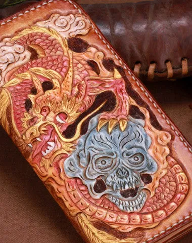 Handmade leather brown skull wallet leather long men clutch Tooled wallet Free shipping wallets