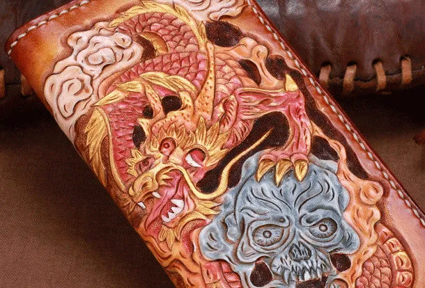 Handmade leather brown skull wallet leather long men clutch Tooled wallet