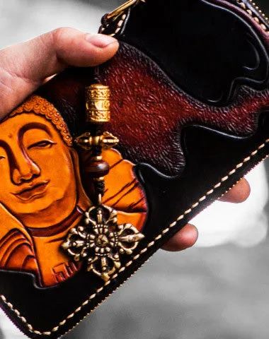 Handmade leather Buddha biker wallet clutch zip long wallet brown leather men phone Cyber Monday wallet sale