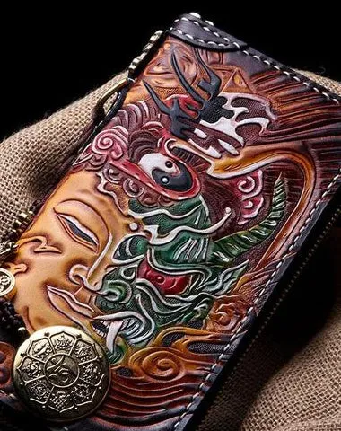 Handmade Leather Buddha&Demon Mens Tooled Chain Biker Wallet Cool Leather Long Wallet With Chain Wallets for Men Cyber Monday wallet sale