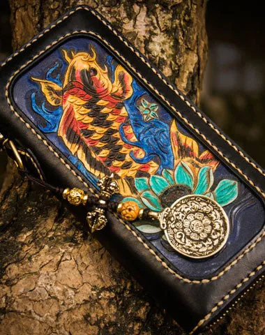 Handmade leather carp biker wallet clutch zip long wallet brown leather men phone Cyber Monday wallet sale