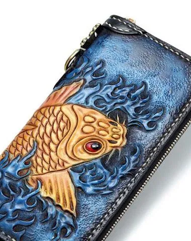 Handmade Leather Carp Mens Chain Biker Wallet Cool Leather Long Wallet for Men Cyber Monday wallet sale