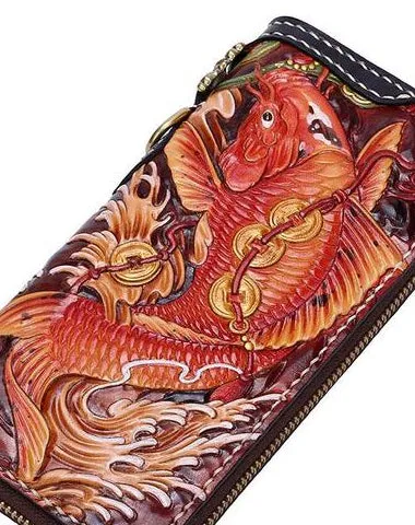 Handmade Leather Carp Mens Zipper Biker Wallet Cool Leather Chain Wallets Long Tooled Wallets for Men Cyber Monday wallet sale
