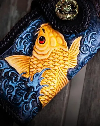 Handmade Leather Carp Tooled Long Mens Chain Biker Wallets Cool Leather Wallet With Chain Wallets for Men Cyber Monday wallet sale