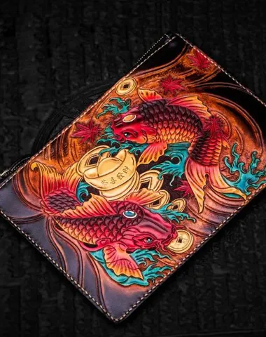 Handmade Leather Carp Tooled Wristlet Bag iPad Bag Mens Cool Leather Wallet Long Clutch for Men Cyber Monday wallet sale