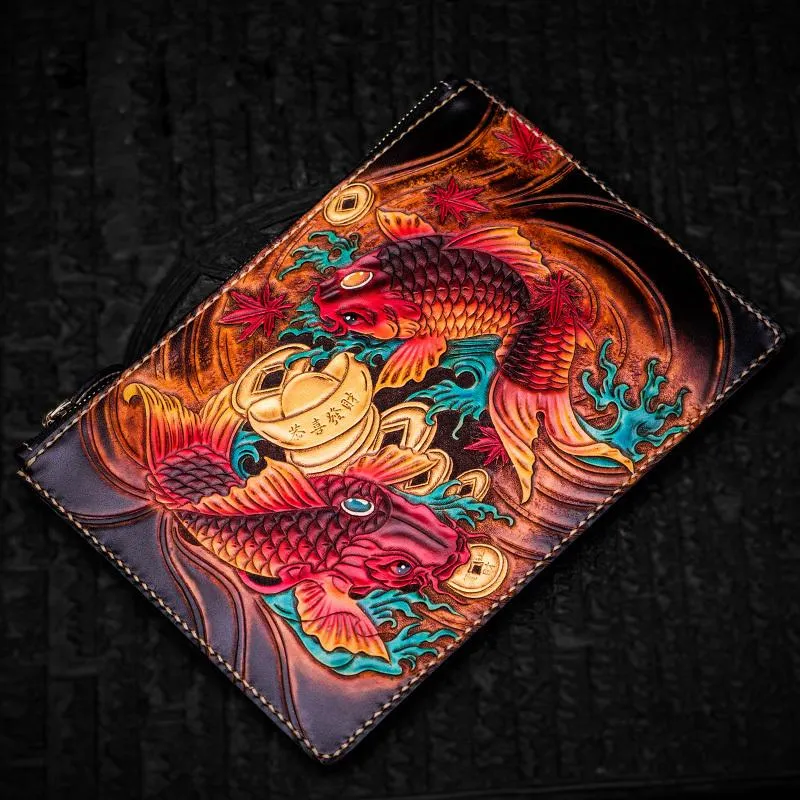 Handmade Leather Carp Tooled Wristlet Bag Mens Cool Leather Wallet Long Clutch for Men