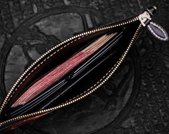 Handmade Leather Carp Tooled Wristlet Bag Mens Cool Leather Wallet Long Clutch for Men