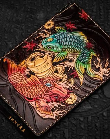 Handmade Leather Carp Tooled Wristlet Bag Mens Cool Leather Wallet Long Clutch for Men Cyber Monday wallet sale