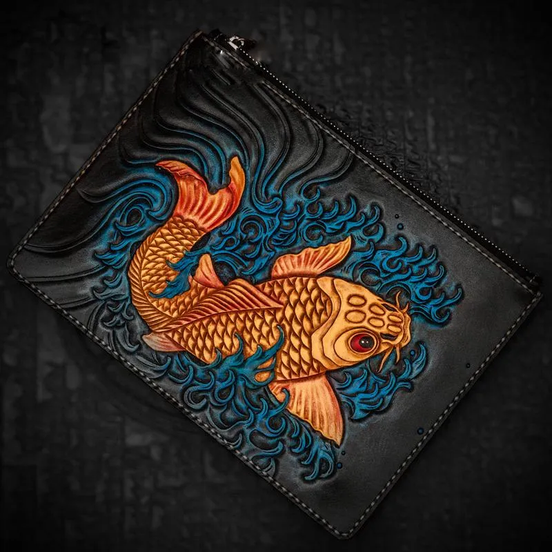 Handmade Leather Carp Tooled Wristlet Bag Mens Cool Leather Wallet Long Clutch for Men