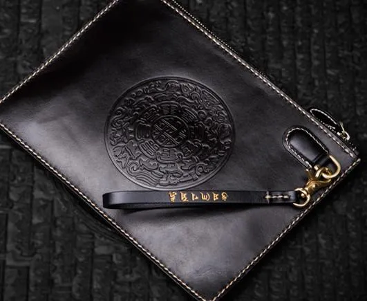 Handmade Leather Carp Tooled Wristlet Bag Mens Cool Leather Wallet Long Clutch for Men