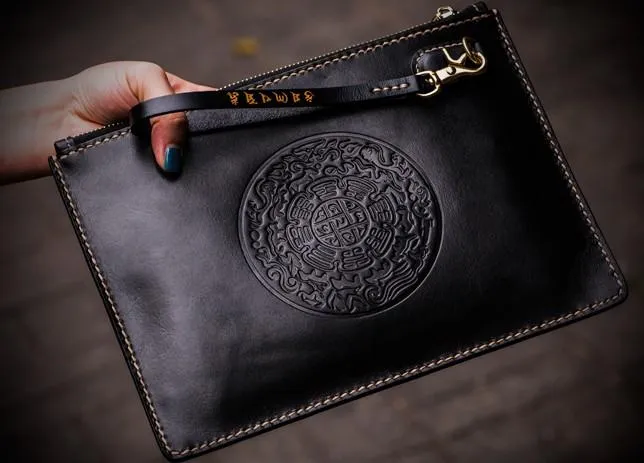 Handmade Leather Carp Tooled Wristlet Bag Mens Cool Leather Wallet Long Clutch for Men