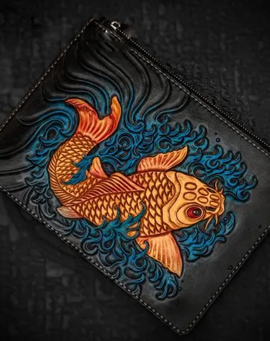 Handmade Leather Carp Tooled Wristlet Bags Mens Cool Leather Wallet Long Clutch for Men Cyber Monday wallet sale