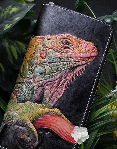 Handmade Leather Chameleon Mens Chain Zipper Biker Wallet Cool Leather Wallet Long Phone Wallets for Men Cyber Monday wallet sale