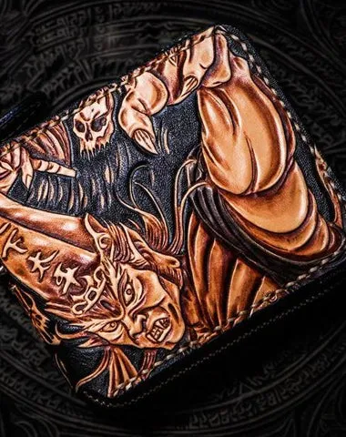 Handmade Leather Chinese Black&White Tooled Mens Small Wallet on sale Cool Leather Wallet on sale billfold Wallet on sale for Men