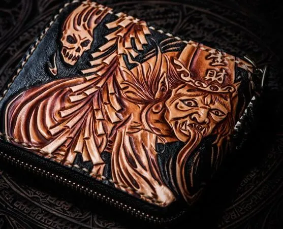 Handmade Leather Chinese Black&White Tooled Mens Small Wallet Cool Leather Wallet billfold Wallet for Men