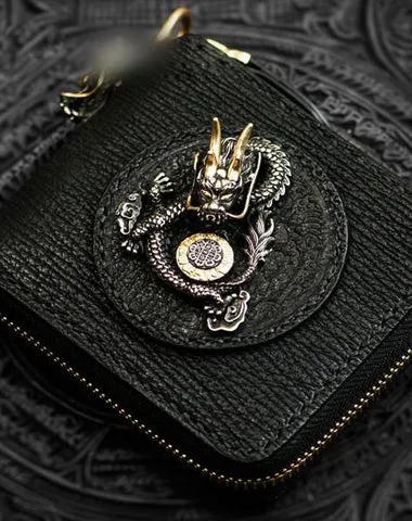 Handmade Leather Chinese Dragon Tooled Mens billfold Wallet on sale Cool Chain Wallets on sale Biker Wallet on sale for Men