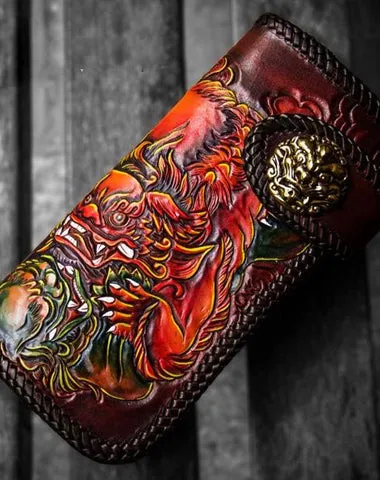 Handmade Leather Chinese Lion Mens Tooled Chain Biker Wallet Cool Long Leather Wallets With Chain Wallets for Men Cyber Monday wallet sale