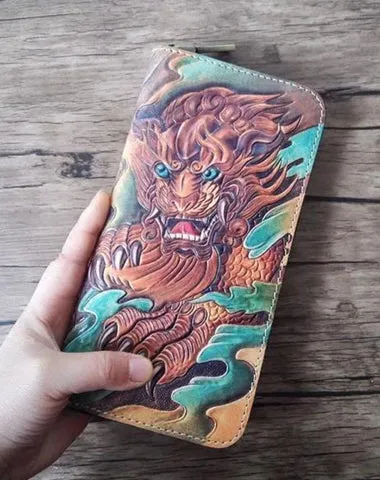 Handmade Leather Chinese Lion Tooled Mens Long Wallet Cool Leather Wallet Clutch Wallet for Men Cyber Monday wallet sale