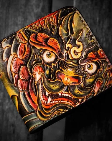 Handmade Leather Chinese Lion Tooled Mens Small Wallet on sale Cool Leather Wallet on sale billfold Wallet on sale for Men