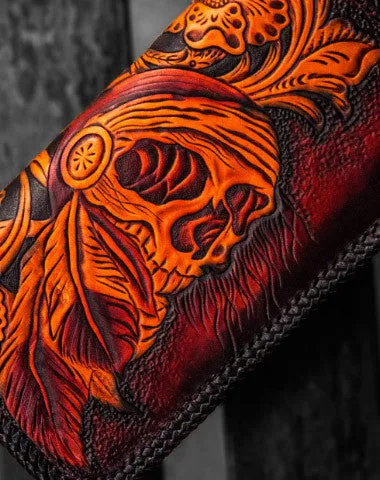 Handmade leather clutch zip long wallet black skull leather men Tooled Cyber Monday wallet sale