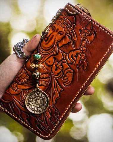 Handmade leather Ganesha biker wallet long wallet brown leather men phone Cyber Monday wallet sale