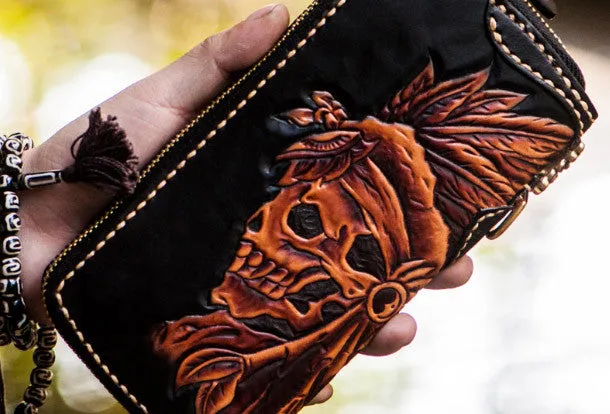 Handmade leather Indian Skull Chief biker wallet clutch zip long wallet brown leather men phone