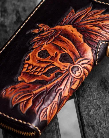 Handmade leather Indian Skull Chief biker wallet clutch zip long wallet brown leather men phone Free shipping wallets