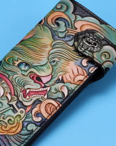Handmade leather Long biker trucker wild Animal wallet leather chain men Black Carved Tooled wallet Cyber Monday wallet sale
