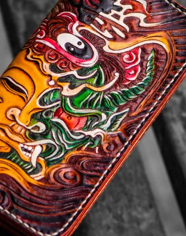 Handmade leather long tooled wallet Brown Buddha devil men clutch wallet Cyber Monday wallet sale