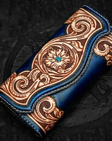 Handmade Leather Men Tooled Blue Floral Cool Leather Wallet Long Phone Clutch Wallets for Men Cyber Monday wallet sale