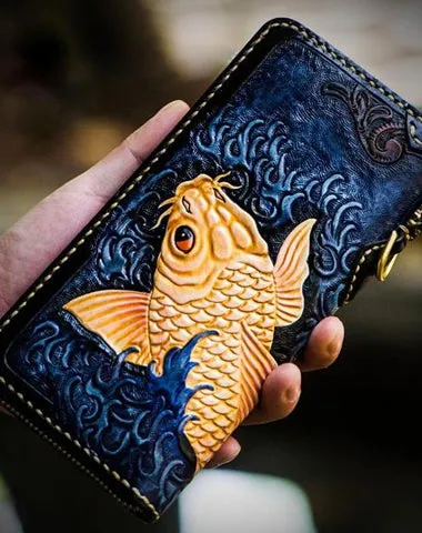 Handmade Leather Men Tooled Carp Cool Leather Biker Wallets Long Wallets for Men Cyber Monday wallet sale