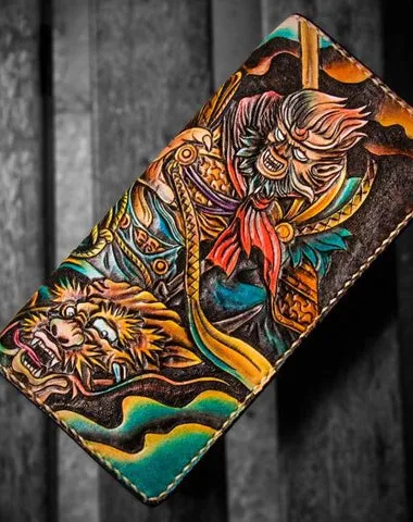 Handmade Leather Men Tooled Monkey King Cool Leather Wallet Long Phone Clutch Wallets for Men Cyber Monday wallet sale
