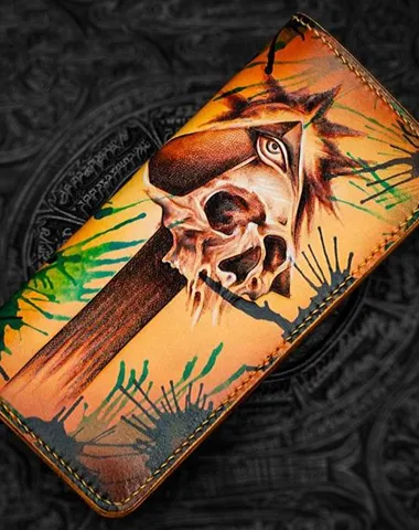 Handmade Leather Men Tooled Skull Cool Leather Wallet Long Phone Wallets for Men Cyber Monday wallet sale