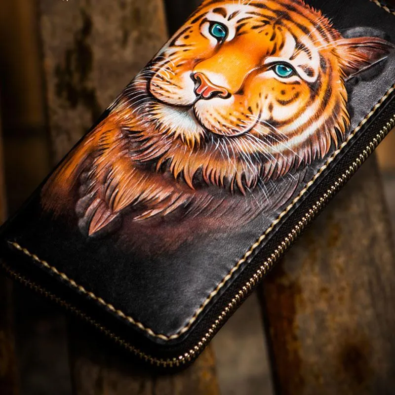 Handmade Leather Men Tooled Tiger Cool Leather Clutch Wallets Long Wallets for Men