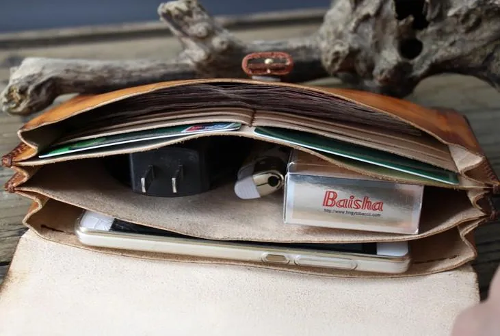Handmade Leather Mens Brown Bifold Long Wallet Vintage Cool Clutch Wallet for Men