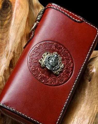 Handmade Leather Mens Chain Biker Wallet Cool Leather Wallet Long Phone Wallets for Men Cyber Monday wallet sale