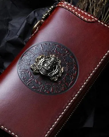 Handmade Leather Mens Chain Biker Wallet Cool Leather Wallet Long Phone Wallets for Men Cyber Monday wallet sale