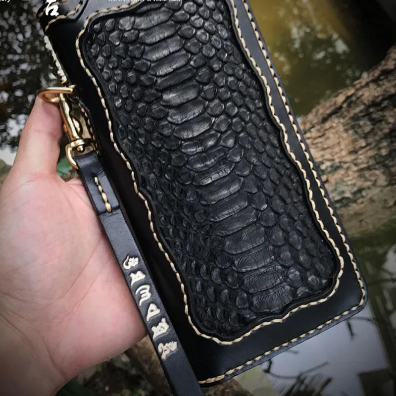 Handmade Leather Mens Chain Biker Wallet Leather Clutch Wallet Cool Long Wallets for Men