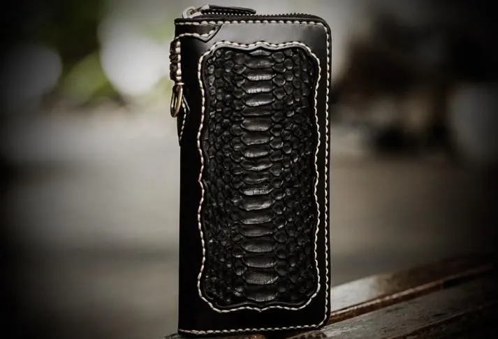 Handmade Leather Mens Chain Biker Wallet Leather Clutch Wallet Cool Long Wallets for Men