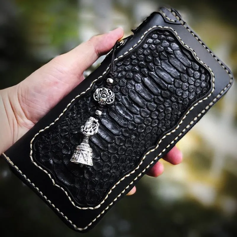 Handmade Leather Mens Chain Biker Wallet Leather Clutch Wallet Cool Long Wallets for Men