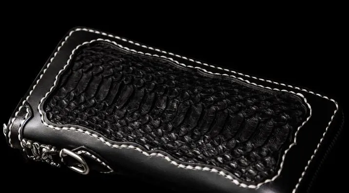 Handmade Leather Mens Chain Biker Wallet Leather Clutch Wallet Cool Long Wallets for Men