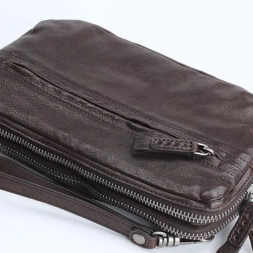 Handmade Leather Mens Cool Long Leather Wallet Zipper Clutch Wristlet Wallet for Men