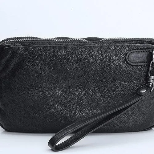 Handmade Leather Mens Cool Long Leather Wallet Zipper Clutch Wristlet Wallet for Men