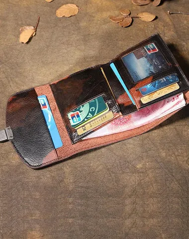 Handmade Leather Mens Graffiti Trifold billfold Wallet on sale Vertical Small Card Wallet on sale For Men