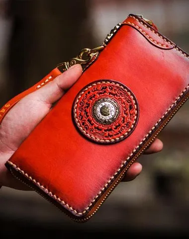 Handmade Leather Mens Tibetan Chain Biker Wallet Cool Leather Wallets Long Clutch Wallets for Men Cyber Monday wallet sale