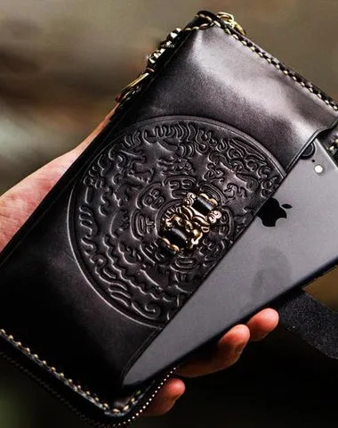 Handmade Leather Mens Tibetan Chain Biker Wallets Cool Leather Clutch Wallet Long Wallets for Men Cyber Monday wallet sale