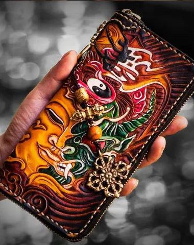 Handmade Leather Mens Tooled Buddha&Demon Chain Biker Wallet Cool Leather Wallet Long Clutch Wallets for Men Cyber Monday wallet sale